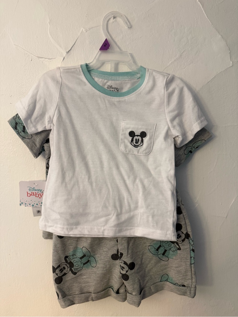 NWT Disney Baby Mickey Mouse 3-Piece Tee & Shorts Set - White & Gray with Mint